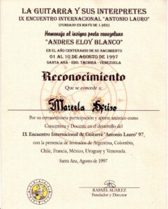 Reconocimiento 1997 Festival Internacional Antonio Lauro Santa Ana del Tachira Venezuela